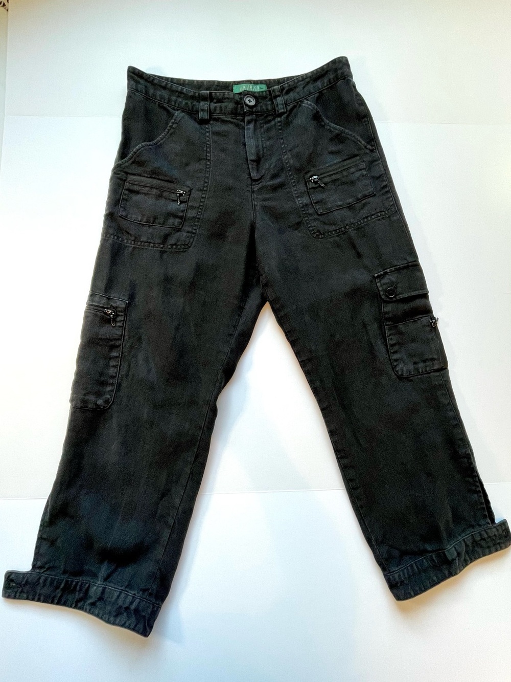 Ralph Lauren 100% Linen Black Cargo Crop Pants Front Zip Patch Pockets W4 GUC